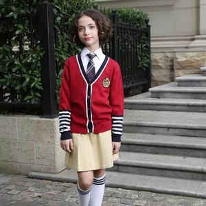 เสื้อสเวตเตอร์ถักผ้าฝ้ายสีแดงสำหรับเด็กนักเรียนชุดเครื่องแบบนักเรียนนานาชาติสำหรับฤดูใบไม้ผลิและฤดูใบไม้ร่วง - Product Image 1