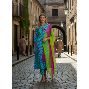 Conjunto de Kurta de Georgette a Rayas Azul Agua Vibrante con Dupatta Ombré Rosa-Verde, Estilo Bollywood, Ropa Étnica India, Saree Choli - Product Image 1