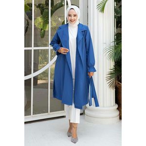 Gabardina índigo para mujer, mangas elásticas, cinturón extraíble, estilo informal, largo, impermeable, detalle estampado, lana de algodón para invierno - Product Image 1