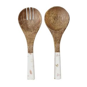 Eco Friendly Mango Wood Enamel Print Salad Server Set Elegant Home Restaurant Tableware Decoration <b>Flatware</b> for Weddings - Product Image 3