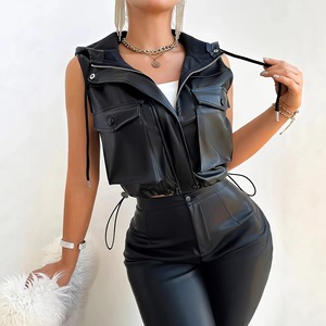 Chaleco de Cuero PU Moderno para Mujer con Gorro con Cordón y Bolsillo con Cremallera, Estilo Corto, Casual, Cómodo, para Primavera y Otoño - Product Image 3