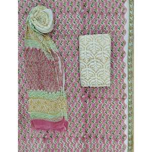 Hand Drawn Block Printed Unstitched Indian Dress Pakistani Salwar Kameez Suit with Chiffon Dupatta - Product Image 1