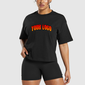 Camiseta de manga corta con cuello redondo de 300 gramos informal de verano para mujer al por mayor, camiseta de gran tamaño personalizable con apliques - Product Image 1