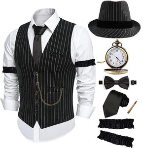 Costume Homme Années 20, Tenue Homme Années 20, Costumes Années Folles pour Hommes, Chapeau Années 20, Gilet, Montre de Poche, Bretelles, <span class=keywords><strong>Cravate</strong></span> pour Costume de Fête - Product Image 1