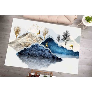Alfombra con Diseño de Ciervos en Montaña Azul Marino y Blanco: Apta para Mascotas, con Pelo Suave - Product Image 5