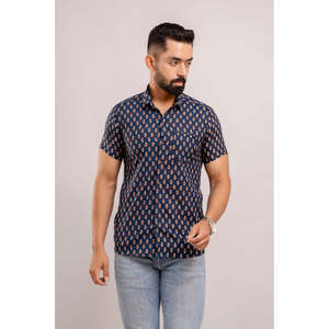 Chemise décontractée pour homme en coton bleu marine 100 % popeline tissée et lin imprimé floral ethnique à manches courtes respirante en denim - Product Image 3