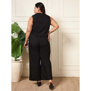 Ensemble coordonné Deebaco pour femmes, noir uni, grande taille, ensemble blazer sans manches à col en V avec pantalon large, tenue occidentale en deux pièces - Product Image 5