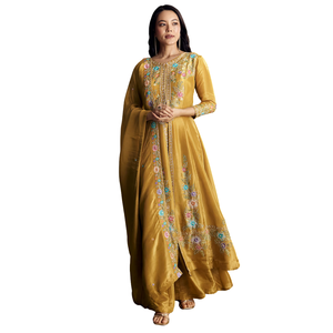 Traje Palazo amarillo con Resham Kurta Dupatta Venta al por mayor Mujeres Ropa étnica OEM Proveedor de fábrica de ropa Traje de Festival personalizado - Product Image 1