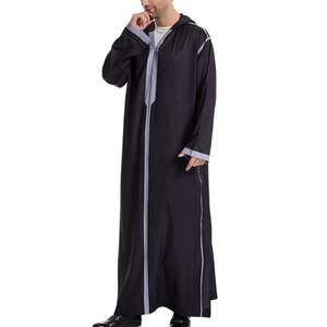 Thobe blanc à col en V pour hommes, Kandura saoudienne, détails de passepoil brun, Jubba islamique, Dishdasha arabe, robe de prière à manches longues - Product Image 4