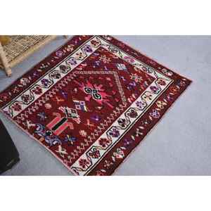 Alfombra Turca Kilim Vintage de Lana Ecológica, Pelo Mediano, Diseño Rectangular de Gran Área con Parches, 2.7 x 2.8 pies, Base de Látex Rojo - Product Image 2