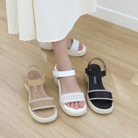 [JSHOE] Sandales compensées légères en cuir souple à bout ouvert avec fermeture Velcro pour femme – Confort amorti pour l'été et le printemps