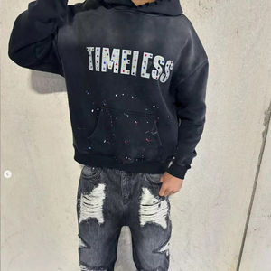 2025 luxe 400GSM hommes Boxy Fit sweat à capuche avec strass et lavage à l'acide en détresse personnalisé strass à capuche - Product Image 6