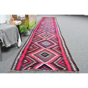 Alfombra de lana roja Kilim de área grande 3X12.7ft Rectángulo turco Pasillo Tejido plano Patrón de retazos Modelo Número Habitación Alfombra Látex - Product Image 4