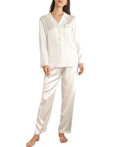 Manufacturer Custom Women White Satin Silk <b>Pajama</b> Set Button Down Long Sleeve Sleepwear Luxury Soft Smooth Nightwear Loungewear - Product Image 1