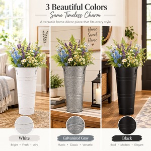 <b>Tall</b> White Galvanized Metal French Bucket <b>Vase</b> Rustic Farmhouse Floor Table Planter Container with Wildflower Bouquet Decor - Product Image 3