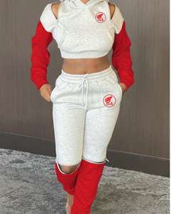 Chándal Jogger informal de algodón 100% para mujer, conjunto de 2 piezas con logotipo personalizado, sudadera de talla grande, pantalones de chándal, posición frontal del logotipo - Product Image 3