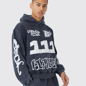 Conjunto de chándal con capucha lavado y estampado de abullonado cuadrado de gran tamaño con logotipo personalizado Pantalones de chándal Jogger Pantalones Cargo Ropa deportiva Chándal - Product Image 3