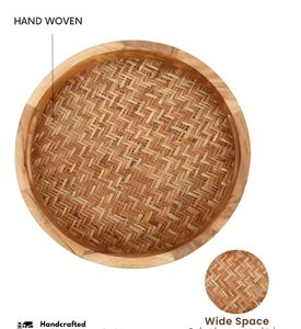 ถาดไม้อะคาเซียทำด้วยมือถาดไม้ไผ่ทรงกลมพร้อมที่จับถาดเสิร์ฟตกแต่งโต๊ะสำหรับอาหารเช้า - Product Image 5