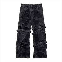 Unisex 2025 Büyük Beden Çok Cepli Nefes Alabilen Gotik Kot Pantolon Sokak Modası Düz Hip Hop Tarzı Kristal İşlemeli Düğmeli