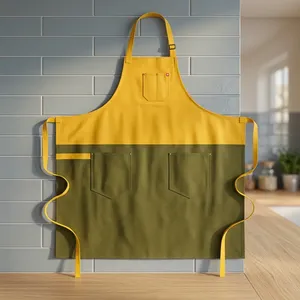 <b>Bib</b> <b>Apron</b> Sleeveless Canvas Yellow Green Two-Tone with Pockets Machine Washable Reusable for Cooking Daily Use Woven Fabric - Product Image 1