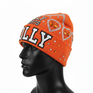 Gorro de punto acrílico elástico suave de primera calidad para hombre, color naranja, con logotipo personalizado de diamantes de imitación, gorro de invierno cálido de jacquard - Product Image 5