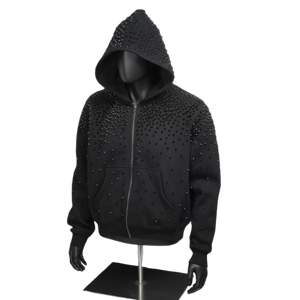 Sweat-shirts à capuche surdimensionnés pour hommes, de haute qualité, personnalisés, avec strass, à fermeture éclair, épaules tombantes, strass thermocollés pour hommes - Product Image 2