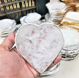 Última venta al por mayor de ágata de cuarzo blanco piedra Natural en forma de corazón borde plateado taza de té posavasos rebanadas de ágata cristales artesanales rebanadas - Product Image 3