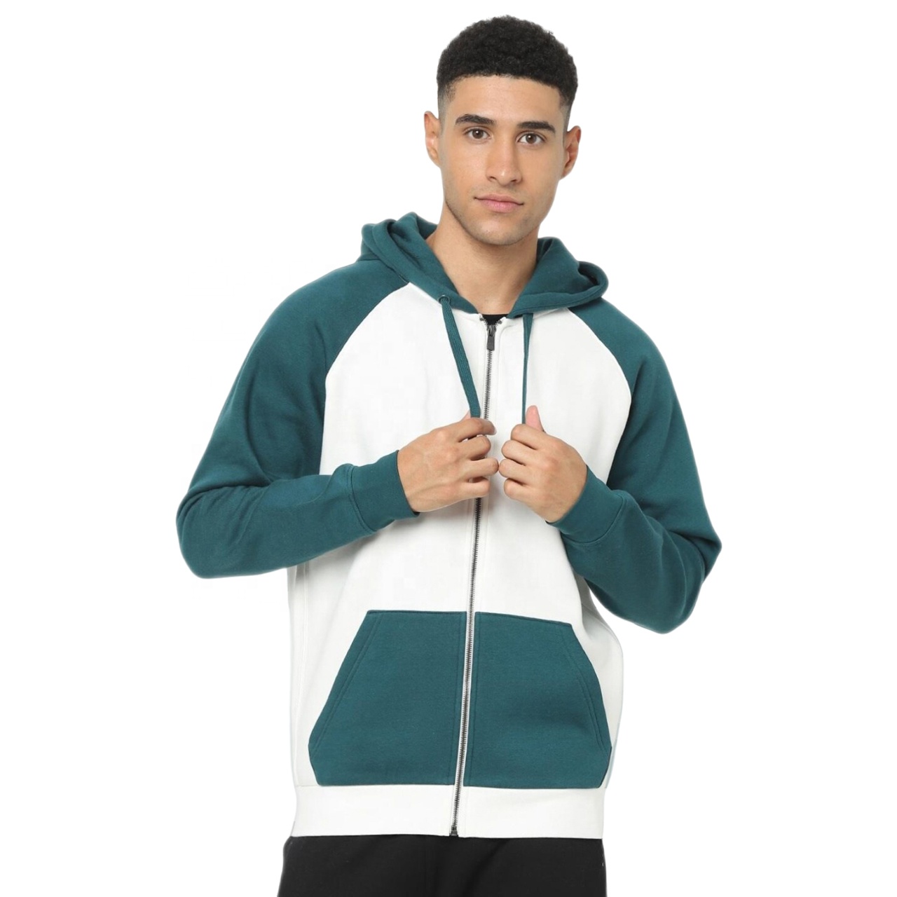 2023 New Range Men Green Color Blocked Hooded Casual Regular Fit Sweatshirt Fleece Raglan Full-Zip Hoodie Jacket