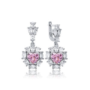 Pendientes colgantes de Plata de Ley 925 con forma de corazón Rosa CZ piedras turcas hechas a mano al por mayor - Product Image 1