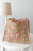 Bolso Tote de Hombro de Algodón Acolchado Estilo Bohemio Vintage para Mujer, Ecológico, con Cierre de Cremallera Personalizado, Estampado en Bloque, Invierno
