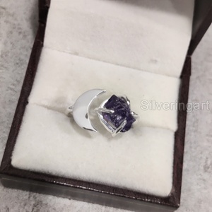 Bijoux en pierre brute Bague pour femme Améthyste brute naturelle Pierre précieuse Février Pierre de naissance Croissant de lune Bijoux Bague en argent sterling 925 - Product Image 3