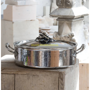 Elegant Hammered Stainless Steel Saute <b>Pan</b> with Lid and Side <b>Handles</b> Elegant Cookware for Professional Kitchen Buffet Service - Product Image 3