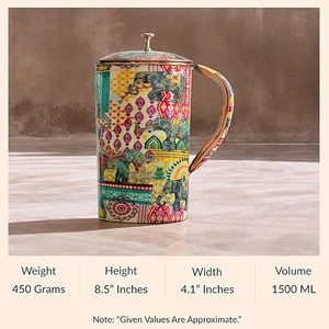 Tema de Rajasthani Jarra de agua de cobre impresa Metal Ayurvedic Beneficios para la salud Jarra de almacenamiento y servicio - Product Image 3
