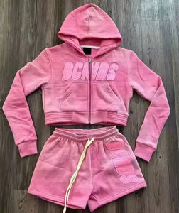 Diseño personalizado de invierno Vintage Sweat Suits apliques bordados con cremallera completa desgastado lavado ácido chándal con capucha y conjunto corto de las mujeres - Product Image 5