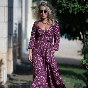 เดรสยาวคอวีลึกแขนยาวสำหรับผู้หญิงเดรสแม็กซี่พิมพ์ลายดอกไม้ผูกเอวเดรสชายหาดชุดคลุมดูไบคาฟตันโบโฮคอวี - Product Image 1