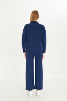 Conjunto de Dos Piezas de Punto Azul Marino para Mujer, Venta al Por Mayor del Fabricante, Suéter de Cuello Alto de Corte Holgado, Pantalones de Pierna Ancha con Cintura Elástica
