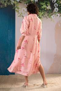 เดรสแม็กซี่แขนสามส่วนสำหรับฤดูใบไม้ร่วงฤดูร้อนผ้าฝ้ายพิมพ์ลายดอกไม้ทำด้วยมือดีไซน์สีทึบแบบหวานเป็นธรรมชาติ - Product Image 4