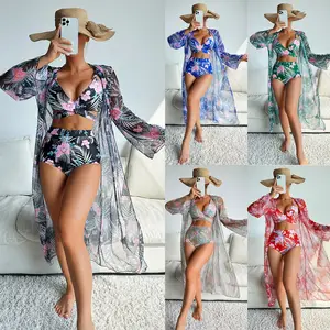 Pasuxi biquíni de manga longa com estampa floral, roupa de praia feminina para proteção de 3 peças