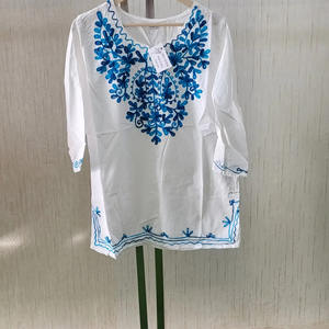 Débardeur brodé bleu foncé blanc décontracté pour femmes manches régulières motif géométrique longueur courte pour les saisons de printemps et d'automne - Product Image 1