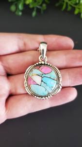 Collar de Turquesa Mohave Redonda de Algodón de Azúcar, Colgante de Turquesa de Plata de Ley, Joyería de Piedra Mohave Azul y Rosa, Regalo para Ella - Product Image 3