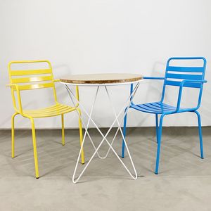 Contemporary <b>Metal</b> Cafe Set <b>Bench</b> & Steel Chair with V-Shape Wood Legs - Product Image 2