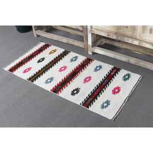 Alfombra Turca Vintage de 1.9x4 pies, Alfombra Pequeña, Alfombra de Lana Blanca con Camuflaje Rojo - Product Image 4