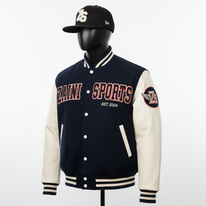 Veste universitaire en laine de haute qualité 350GSM avec manches en PU crème Corps bleu marine Patchs personnalisés Broderie Design Veste universitaire pour hommes - Product Image 3