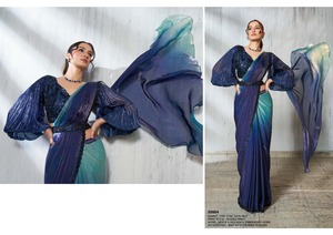 Ropa de fiesta Satén de seda con bordado Trabajo Listo para usar Sari Premium Trabajo manual Mujer Fabricación de moda de la India - Product Image 4