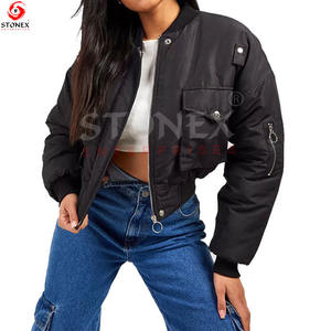 2023 Arrival <b>Women</b> Black Cropped Length Nylon Wholesale Bomber <b>Jacket</b> With <b>Utility</b> Pockets on Front - Product Image 2