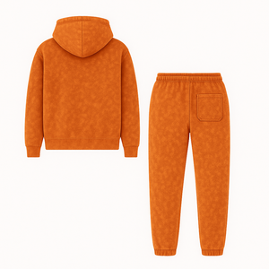 Ensemble de survêtement streetwear d'hiver orange délavé à l'acide et usé avec logo Gain, comprenant un sweat à capuche et un pantalon de jogging - Product Image 4