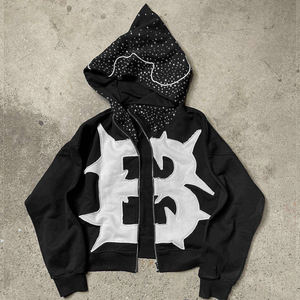 Premium <b>Black</b> Rhinestone Zip Up <b>Hoodie</b> with Custom Applique Logo Streetwear Fashion Hooded Sweatshirt for Men and Women - Product Image 3