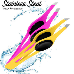 SET 2 Pinzas profesionales para pestañas de acero inoxidable con punta inclinada Pinzas antideslizantes para el vello facial con punta inclinada en amarillo y rosa - Product Image 6