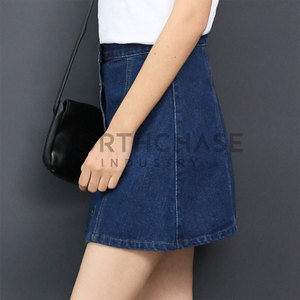 High Rise Women's Breathable Plain Style Knee-Length Jeans <b>Skirt</b> Button Front Closure 100% Cotton Versatile Everyday Fashion - Product Image 2
