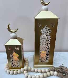 Elegante farol de suelo con acabado dorado para Ramadán Eid Hajj Festival Diseño único Vajilla de fiesta Decoraciones de mesa decorativas para - Product Image 5